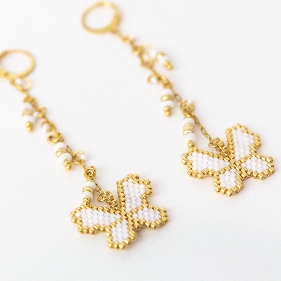 Pieris White & Gold Beaded Butterfly Tassel Earrings