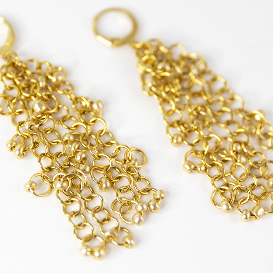Tithoria Gold Chunky Beaded Chain Tassel Huggie Earrings