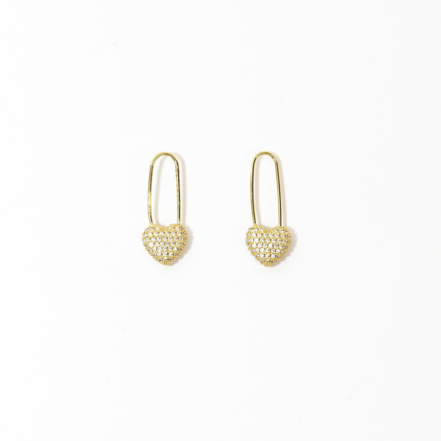 Micro Pave Heart Safety Pin Earrings in Gold