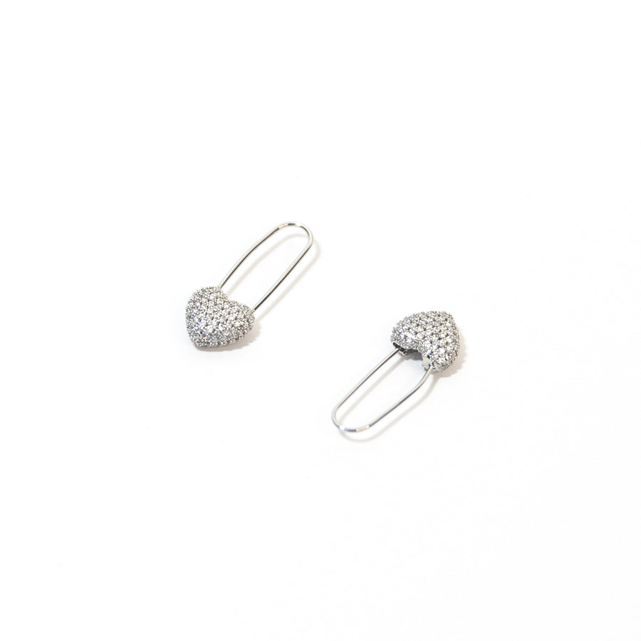 Micro Pave Heart Safety Pin Earrings in Silver