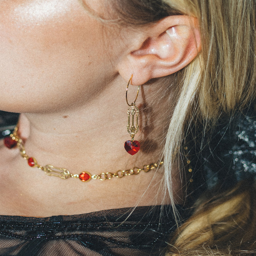 Queen of Hearts Ruby Red Crystal Heart Choker in Gold