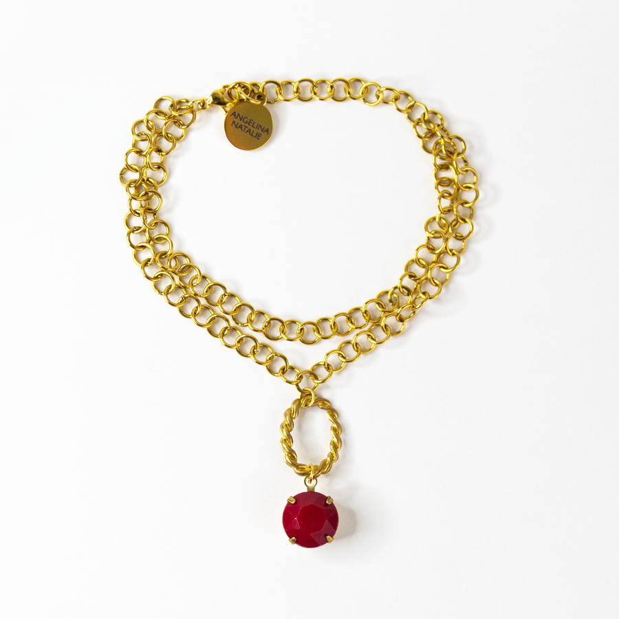 Crimson Red Opaque Stone Chain Bracelet