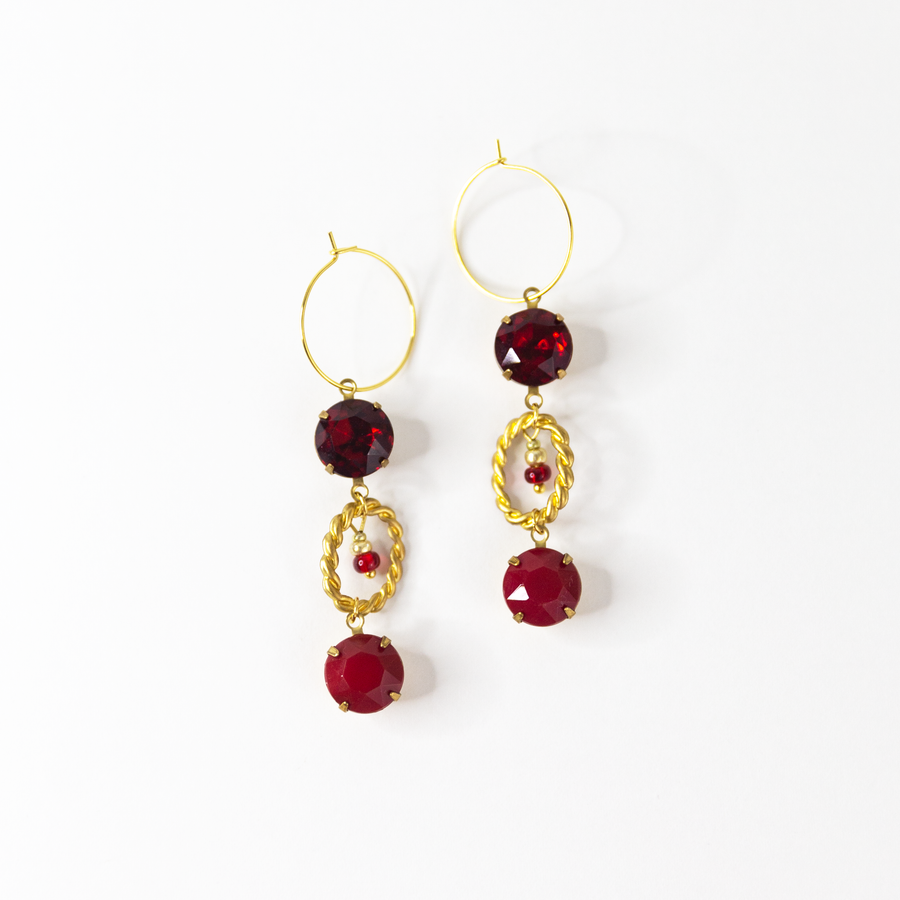 Crimson Red Stone Drop Hoop Earrings