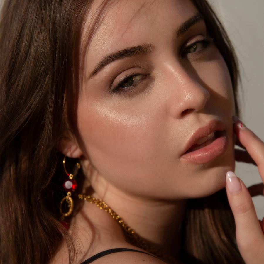 Crimson Red Stone Drop Hoop Earrings