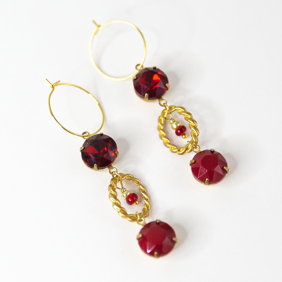 Crimson Red Stone Drop Hoop Earrings