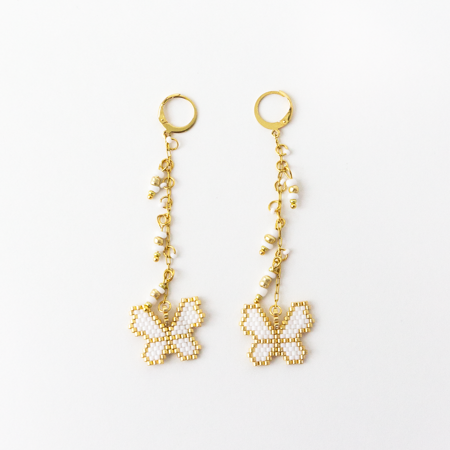 Pieris White & Gold Beaded Butterfly Tassel Earrings
