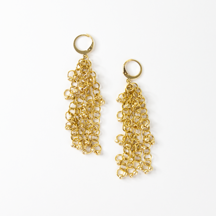 Tithoria Gold Chunky Beaded Chain Tassel Huggie Earrings