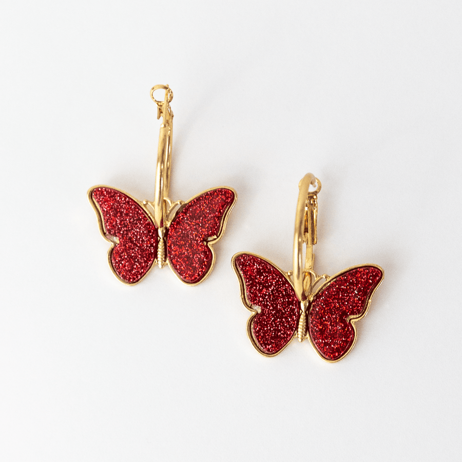 Crimson Red Glitter Butterfly Hoop Earrings earrings Angelina Natalie 