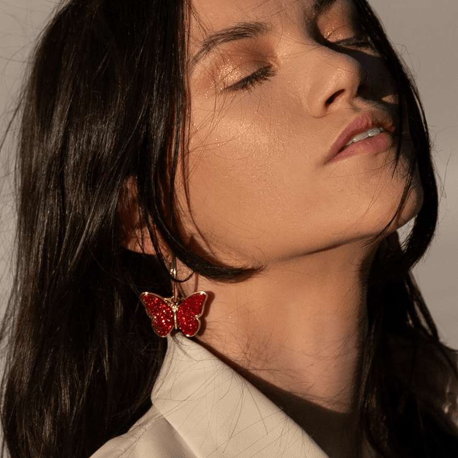 Crimson Red Glitter Butterfly Hoop Earrings earrings Angelina Natalie 