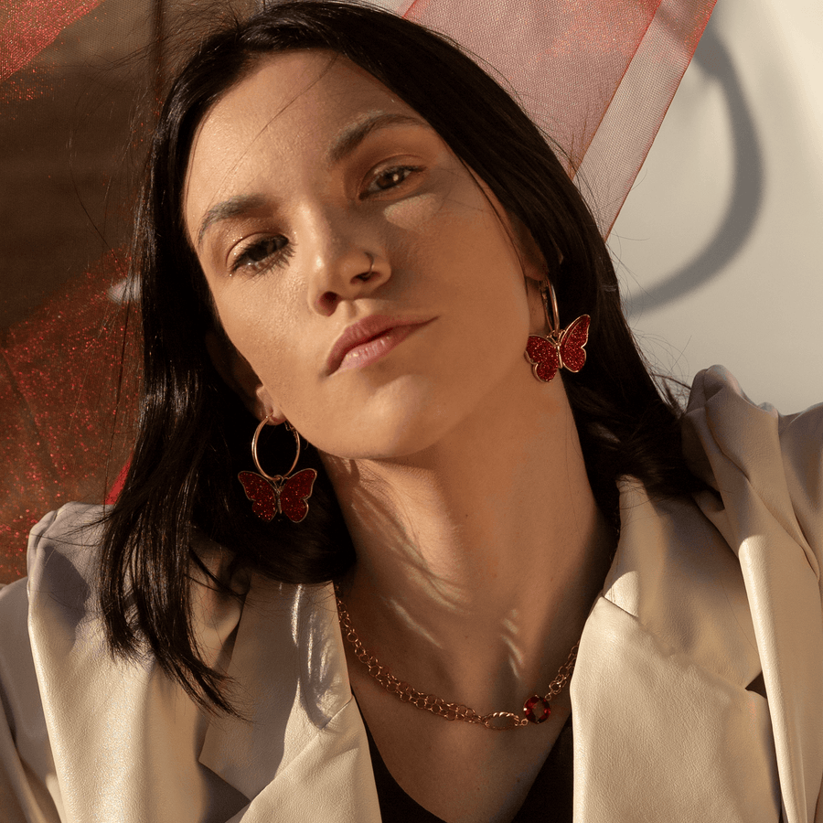 Crimson Red Glitter Butterfly Hoop Earrings earrings Angelina Natalie 
