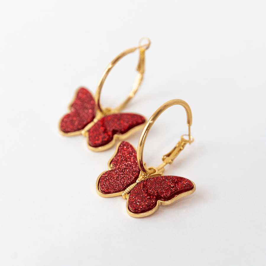 Crimson Red Glitter Butterfly Hoop Earrings earrings Angelina Natalie 