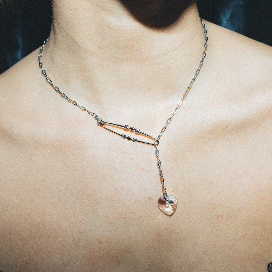 Gothic Crystal Drop Heart Choker Necklace in Silver