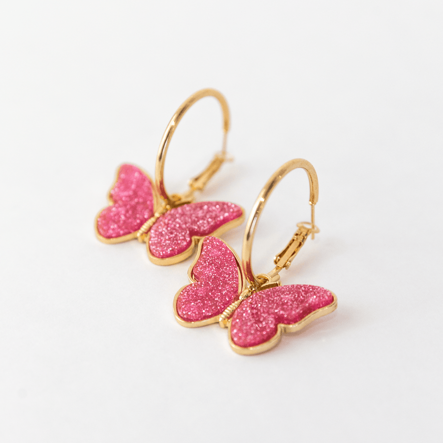 Deilephila Pink Glitter Butterfly Hoop Earrings earrings Angelina Natalie 