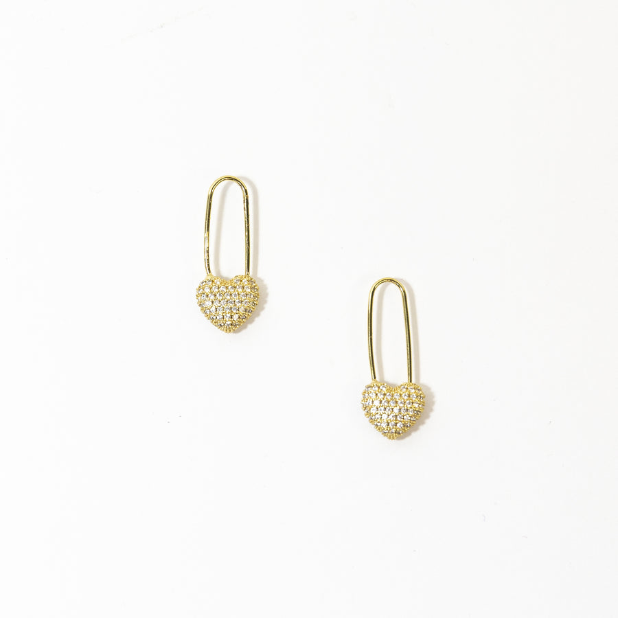 Micro Pave Heart Safety Pin Earrings in Gold