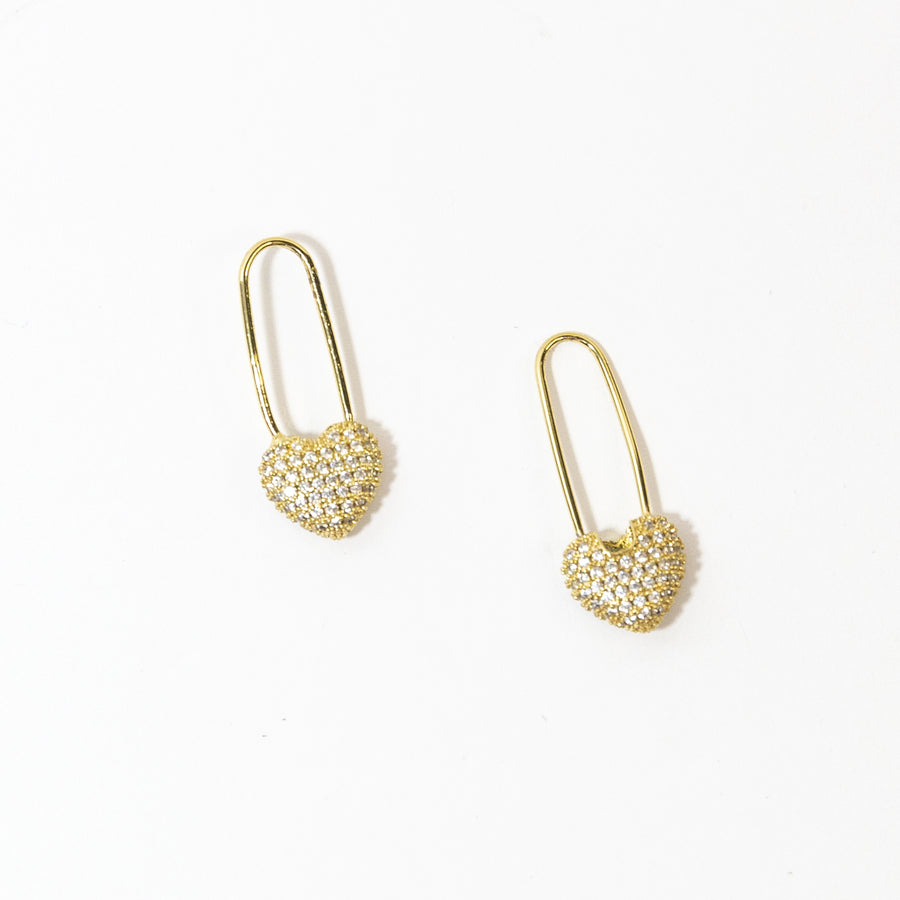 Micro Pave Heart Safety Pin Earrings in Gold