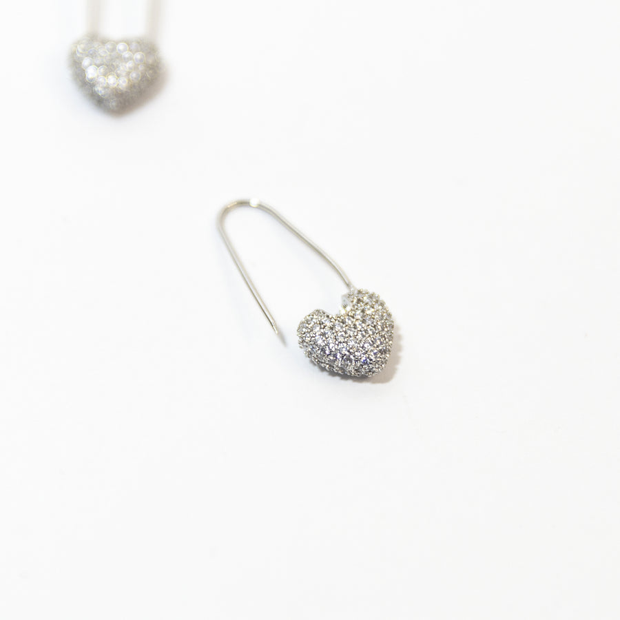 Micro Pave Heart Safety Pin Earrings in Silver