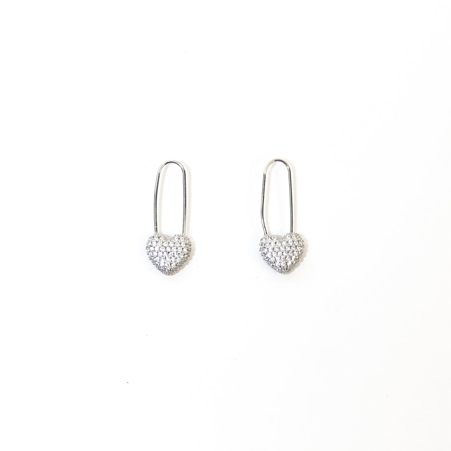 Micro Pave Heart Safety Pin Earrings in Silver