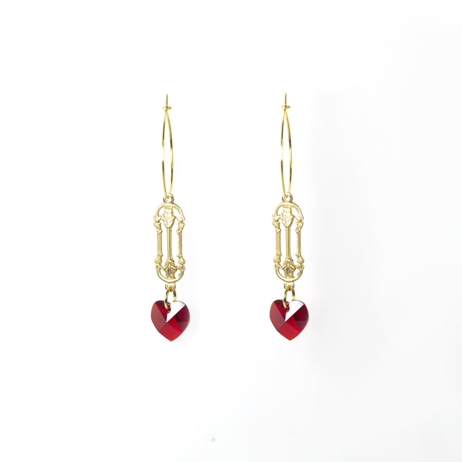 Queen of Hearts Ruby Red Crystal Heart Earring in Gold