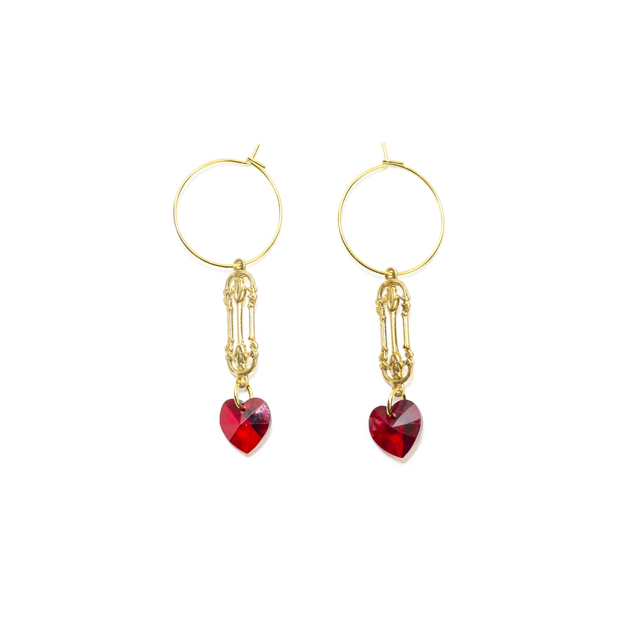 Queen of Hearts Ruby Red Crystal Heart Earring in Gold