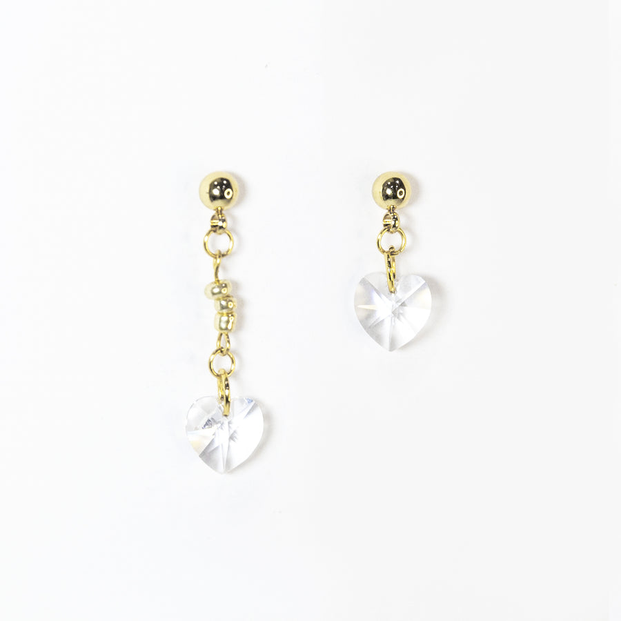 Clear Crystal Heart Mismatched Stud Earrings in Gold