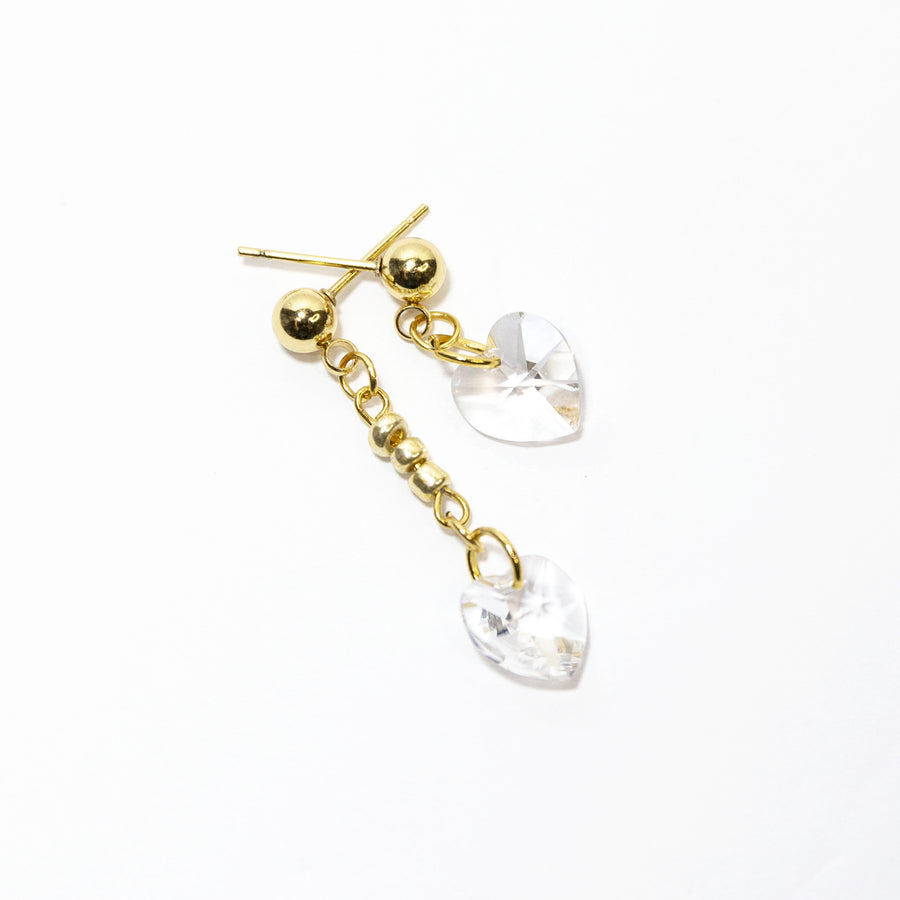 Clear Crystal Heart Mismatched Stud Earrings in Gold
